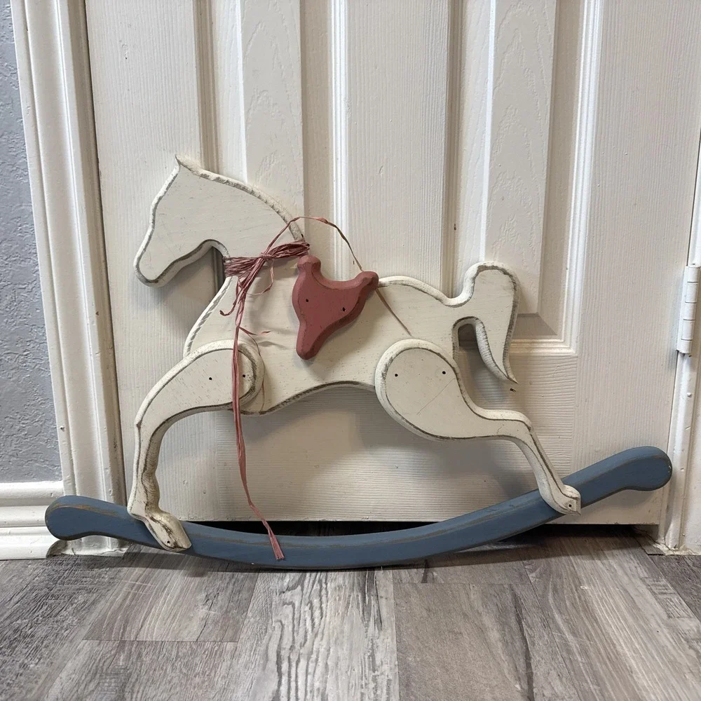 Wooden Rocking Horse Wall Hanging Hand Painted Folk Art Country Decor Nursery